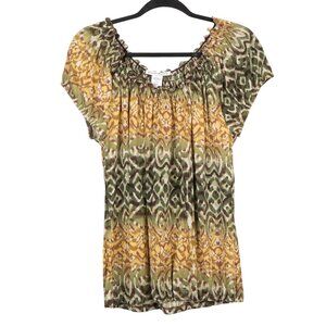 Claudia Richard Y2K Peasant Blouse XL Womens Ikat Smocked Neck Top Yellow Green